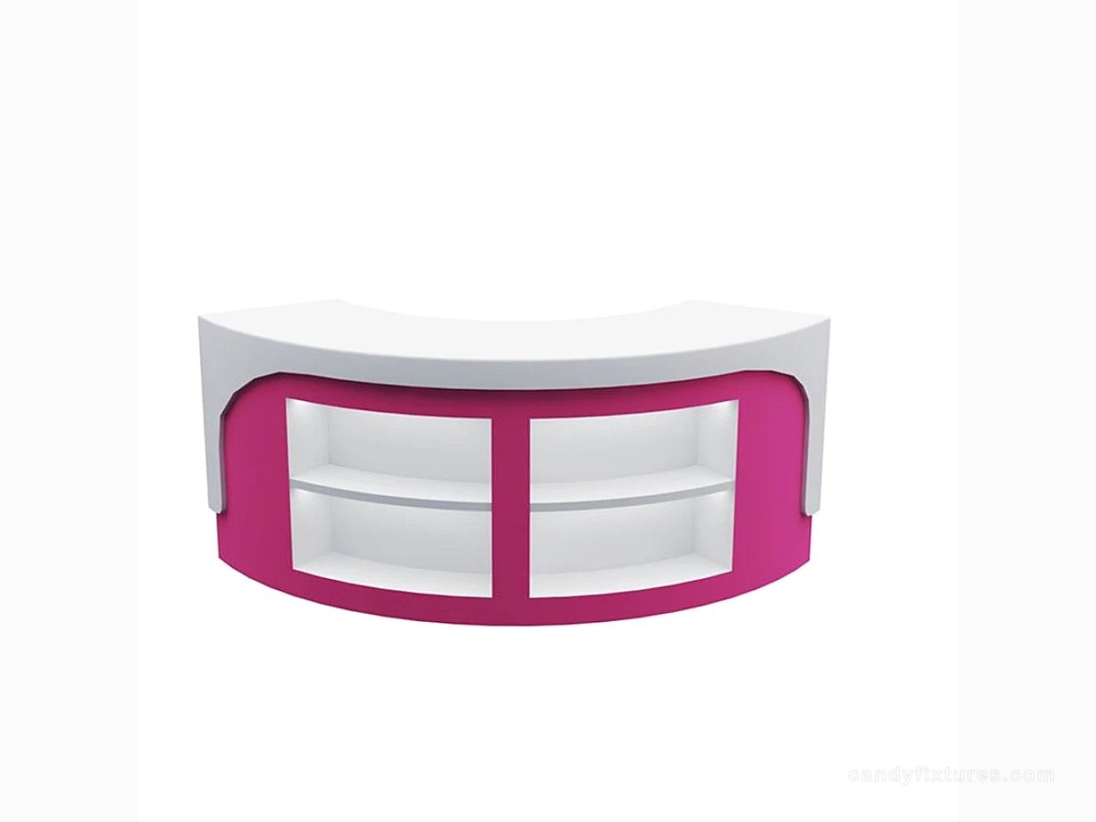 Curved display counter can be customized for use in candy stores & toy stores