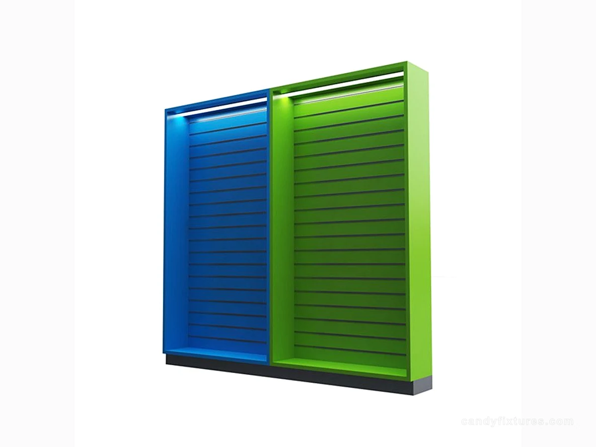 Custom Glossy Slat-wall Tall Cabinet Display With Lights For Candy Retail Stores