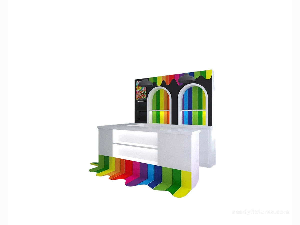 L-shaped white candy counter used in retail stores