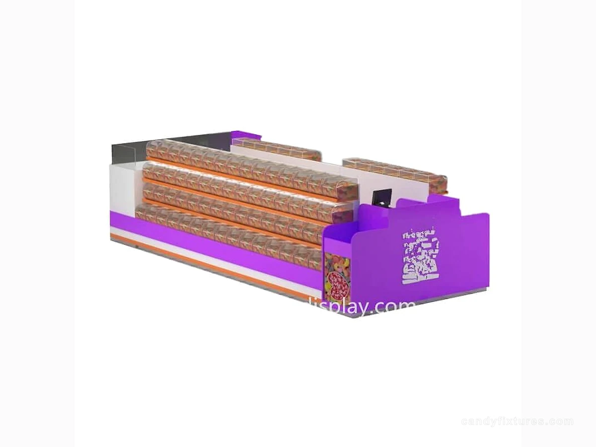 Long purple candy kiosk food display case