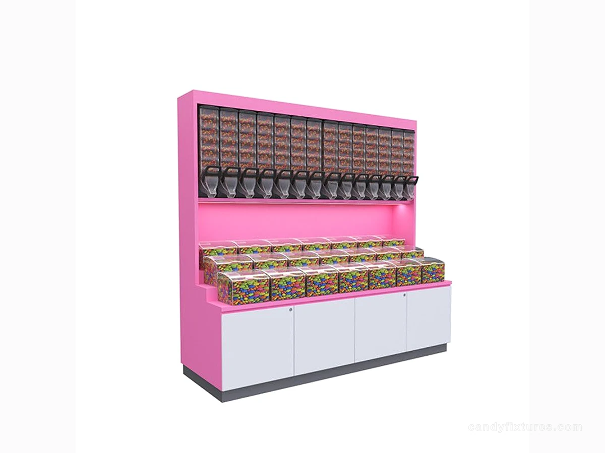 Pink wall cabinet candy display furniture for use in candy stores & retail stores