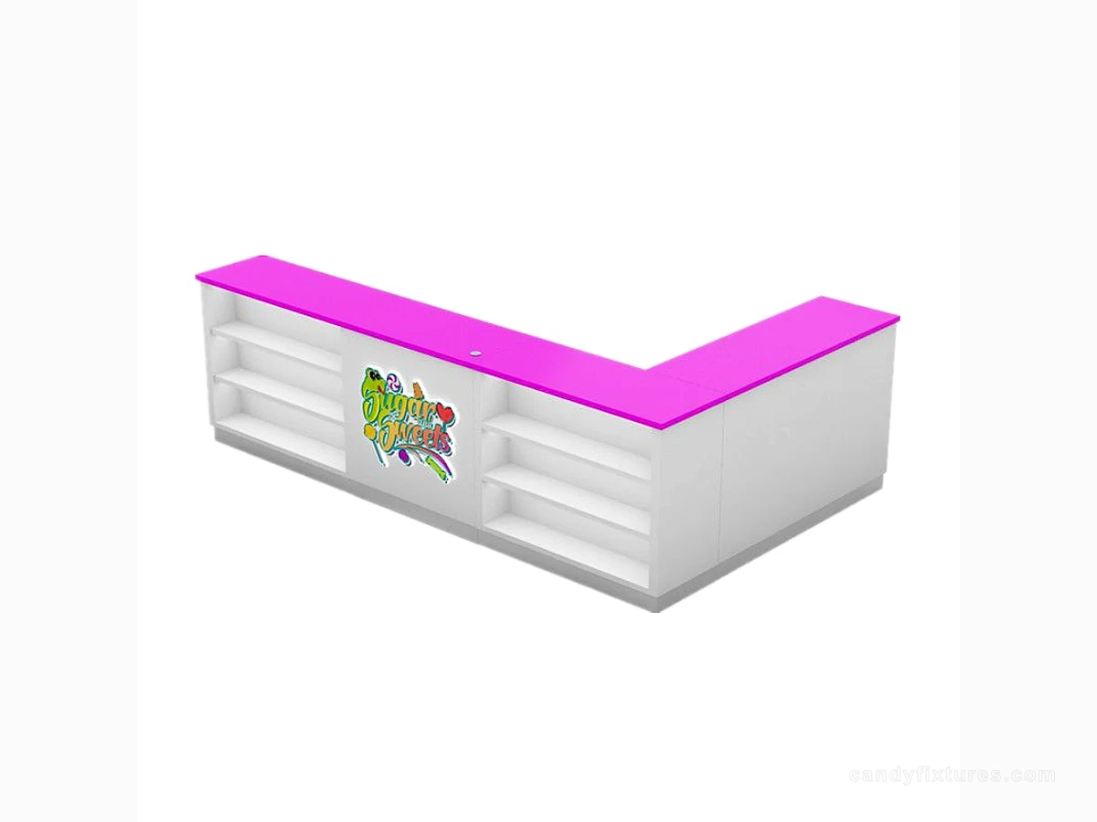 Purple counter L-shaped candy store display