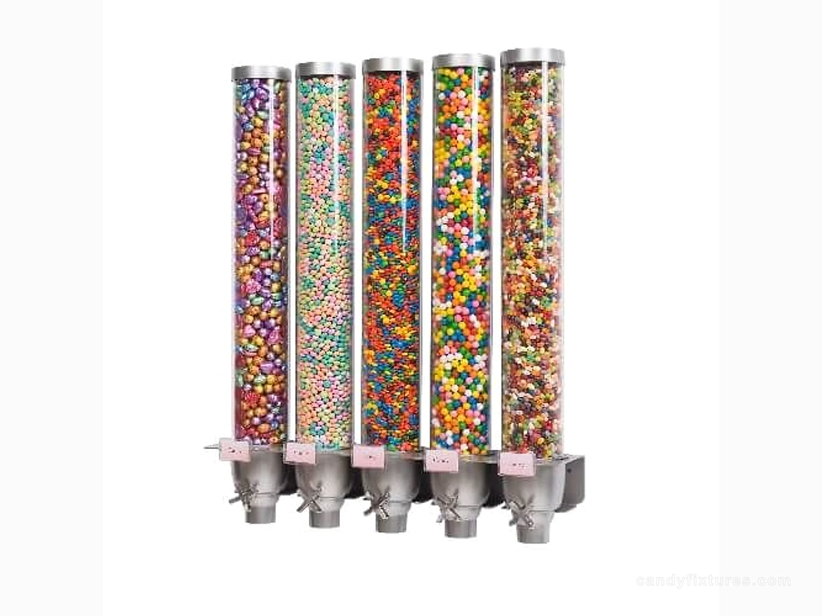 The transparent long strip-shaped candy dispensing barrel.