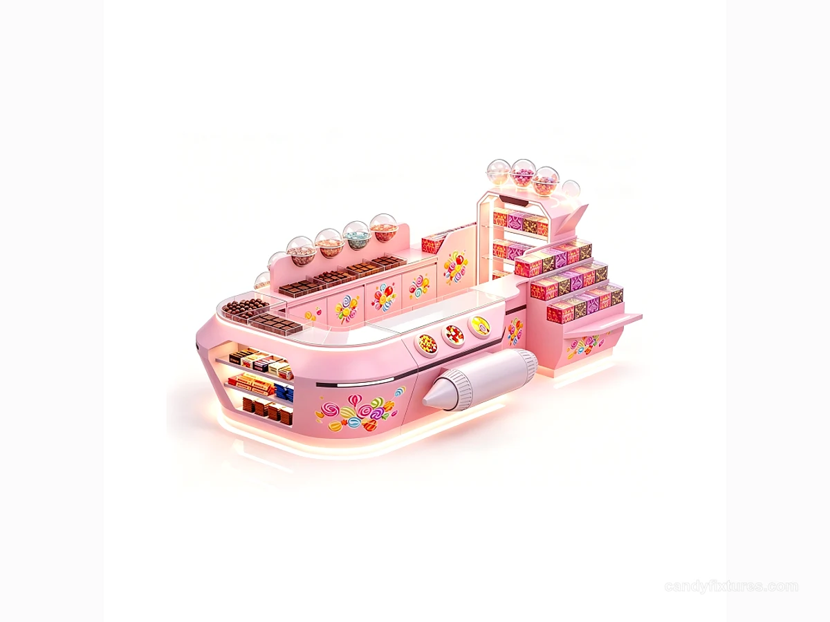 Candy Boat Kiosk Pink Candy Counter Sweet Retail Store Bar Candy Spaceship Display view 1