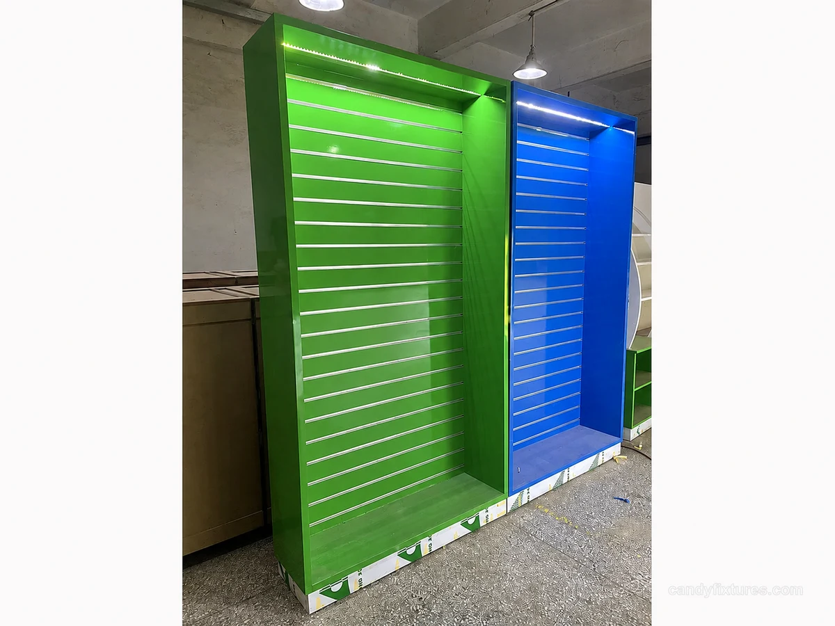 Custom Glossy Slat-wall Tall Cabinet Display With Lights For Candy Retail Stores detail 5