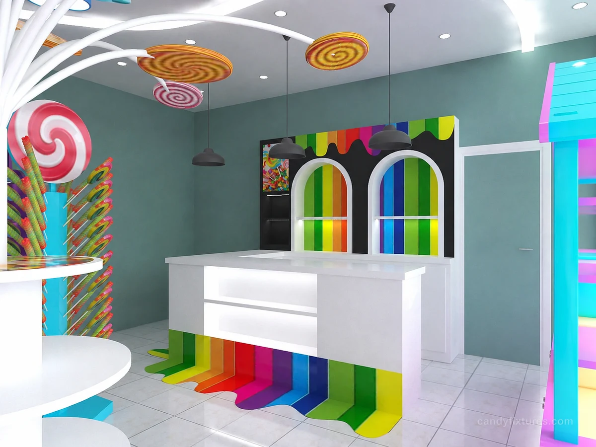 L-shaped white candy counter used in retail stores detail 1