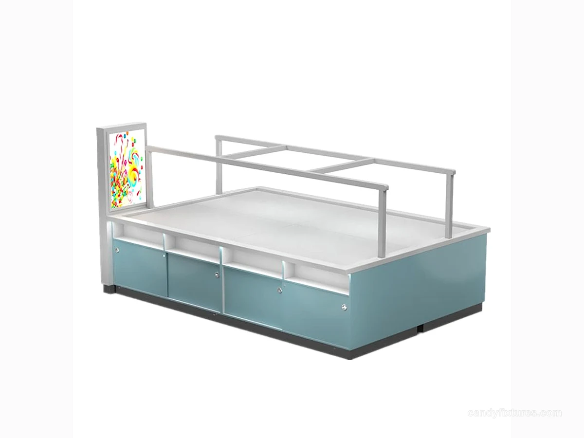 Long display candy kiosk used by stores & shopping mall view 1