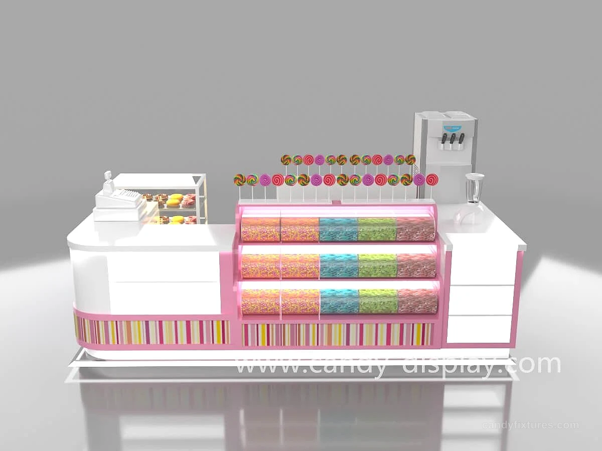 Pink dessert display case Candy kiosk view 1