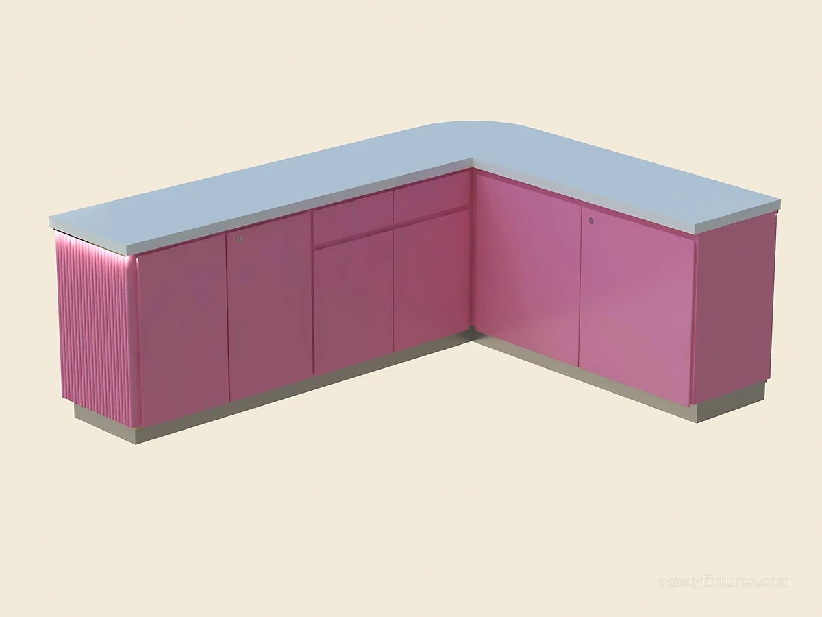 Pink long strip tabletop showcase working beverage store storage cabinet view 1
