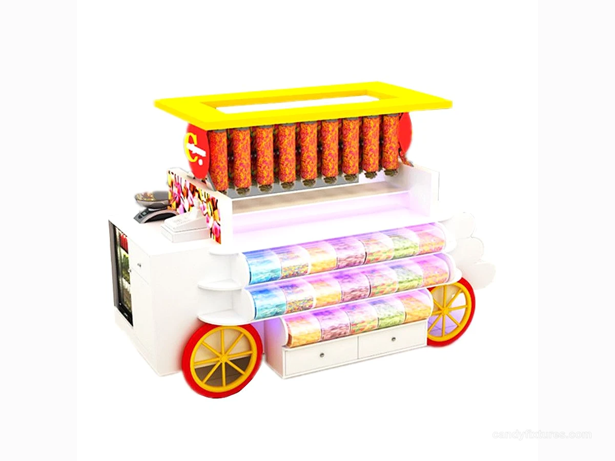 Wheel decorated candy booth display view 1
