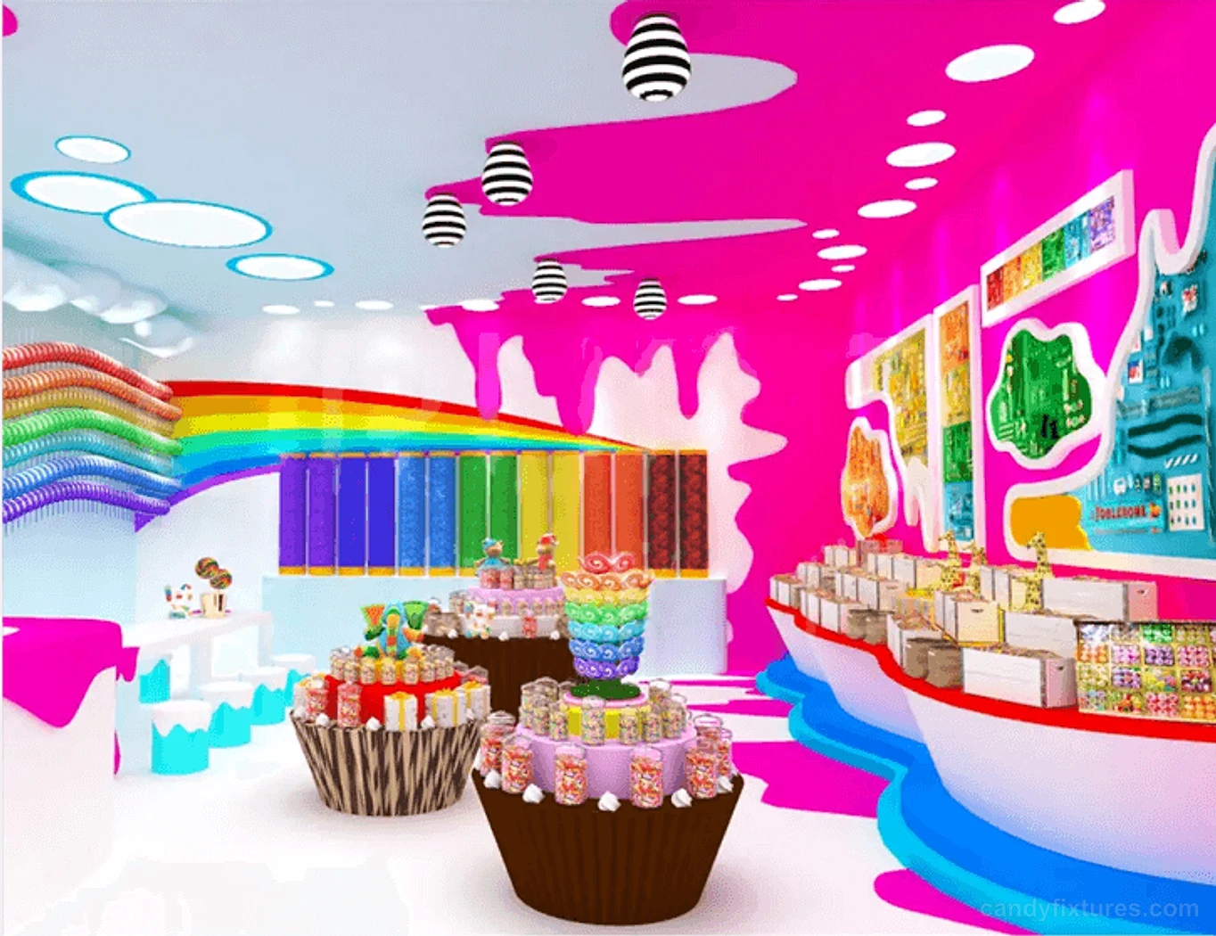 Colorful candy store decoration custom lollipop store display 3D design for sale interior design