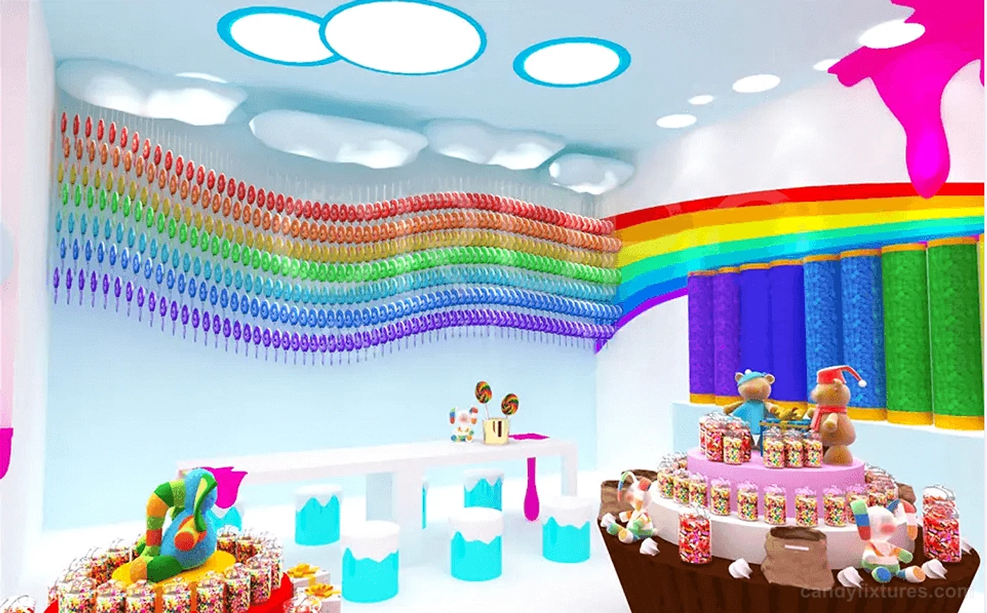 Colorful candy store decoration custom lollipop store display 3D design for sale – Graphic design