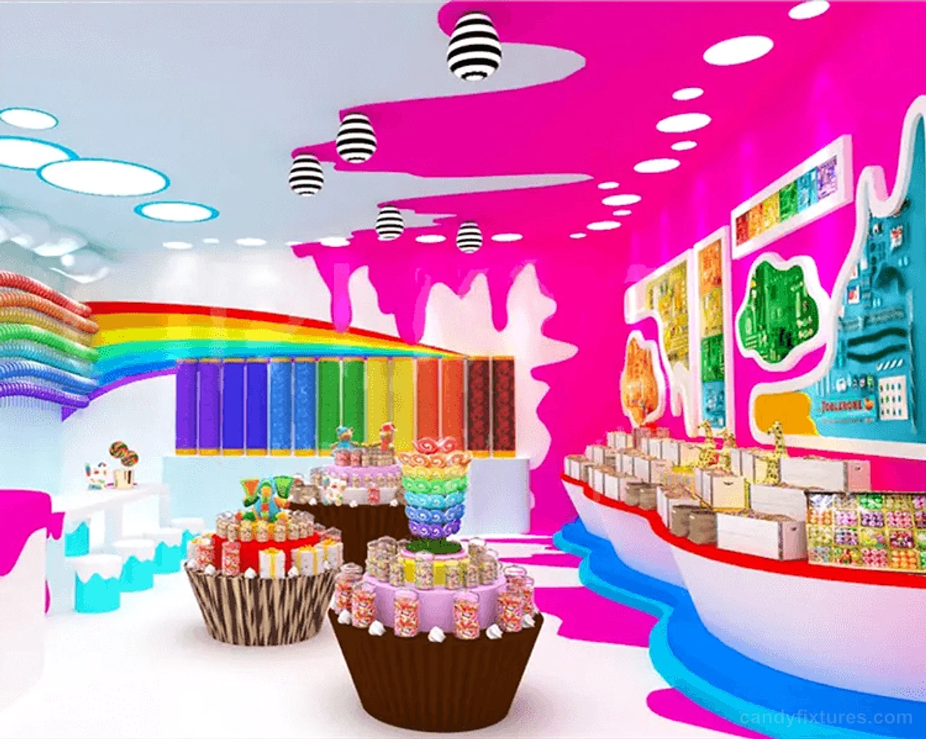 Colorful candy store decoration custom lollipop store display 3D design for sale – What the project image shows