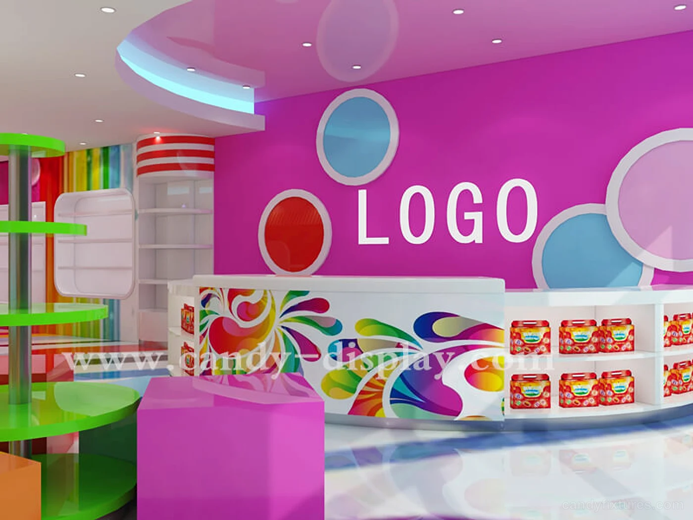 Colorful Candy & Toy Store Interior Furniture Design Ceiling Decoration – G lass Doors Windows
