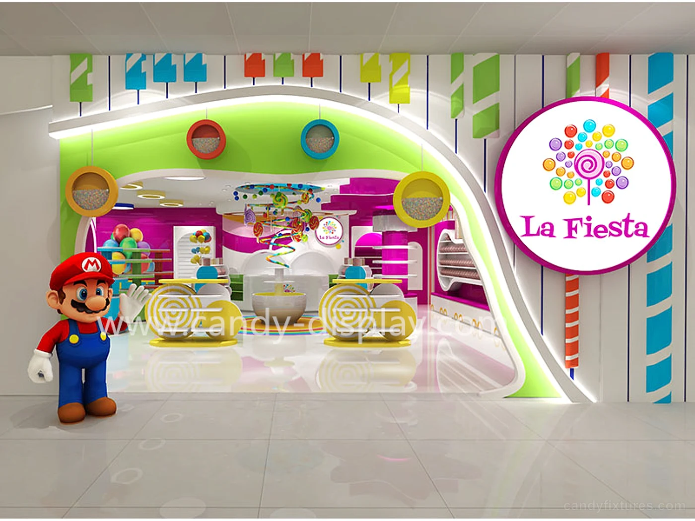 Creative and Interesting Display Cabinet Layout Design in Fantasy Colorful Candy Store interior design