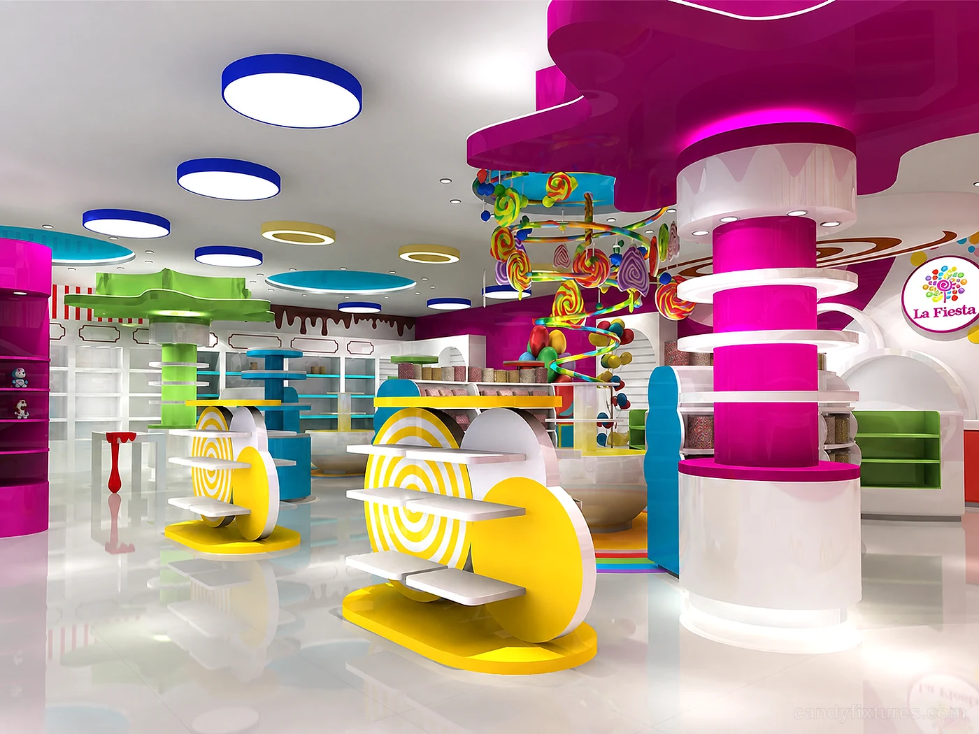 Creative and Interesting Display Cabinet Layout Design in Fantasy Colorful Candy Store – Inside Furniture