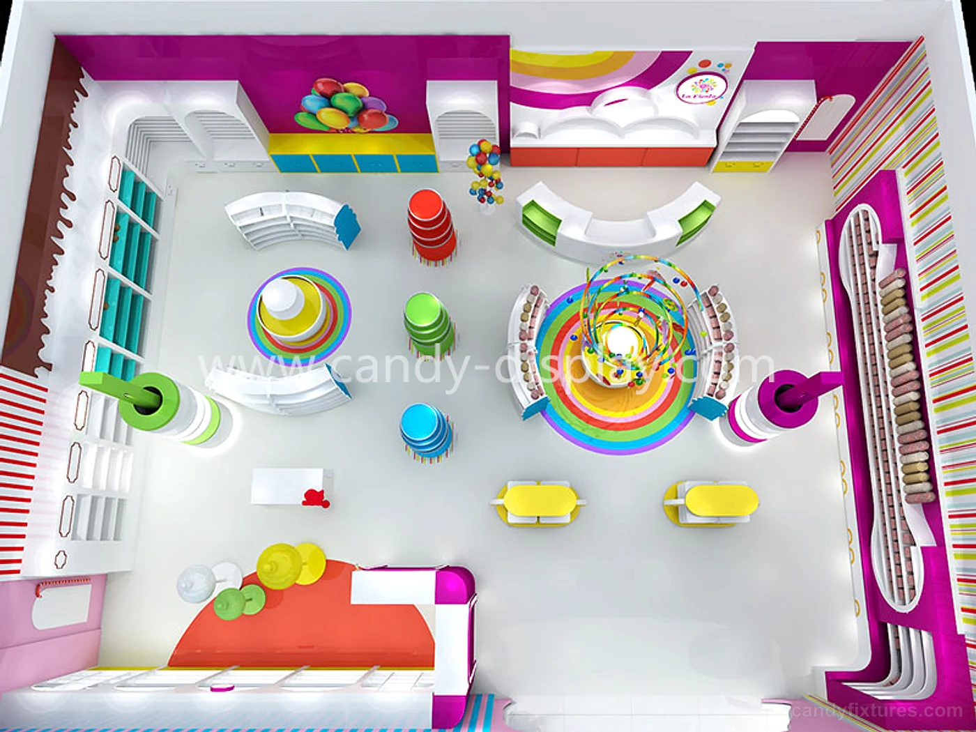 Creative and Interesting Display Cabinet Layout Design in Fantasy Colorful Candy Store – Decoration