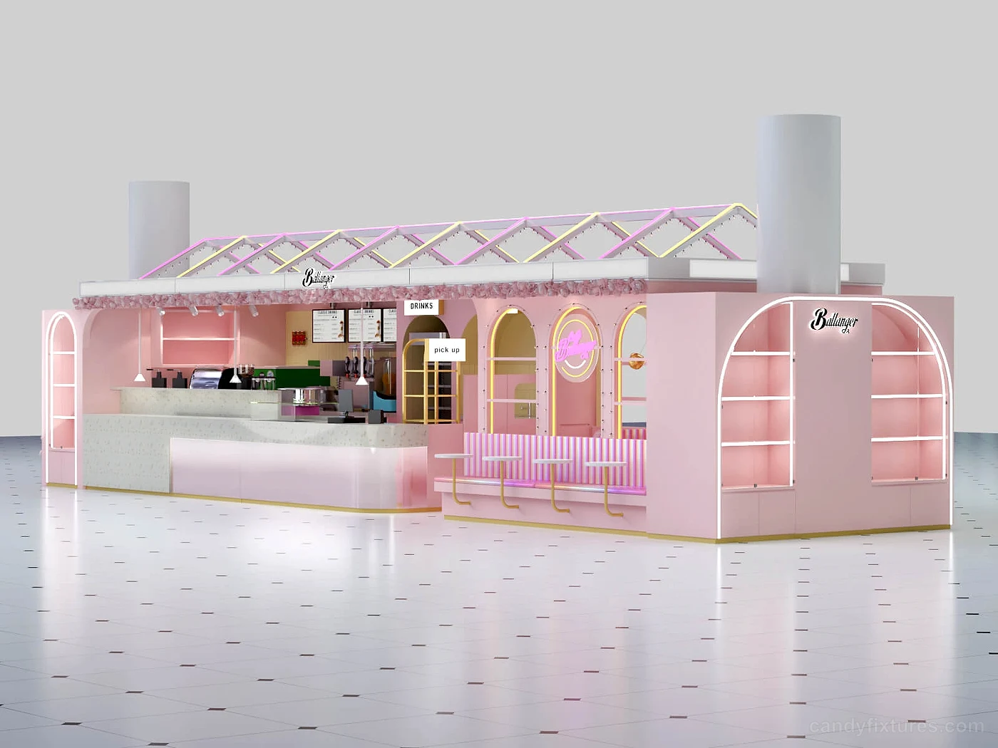 Cute Pink candy shop displays mall stall 3D design indoor design store & kiosk display for sale – Pink store design