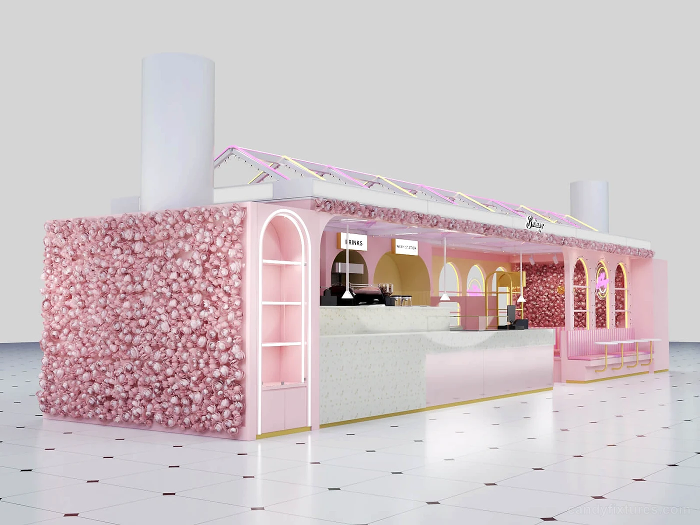 Cute Pink candy shop displays mall stall 3D design indoor design store & kiosk display for sale – Customization