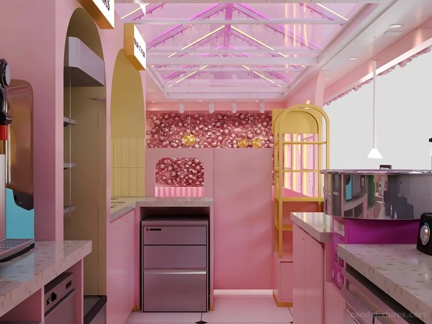 Cute Pink candy shop displays mall stall 3D design indoor design store & kiosk display for sale – What the project image shows