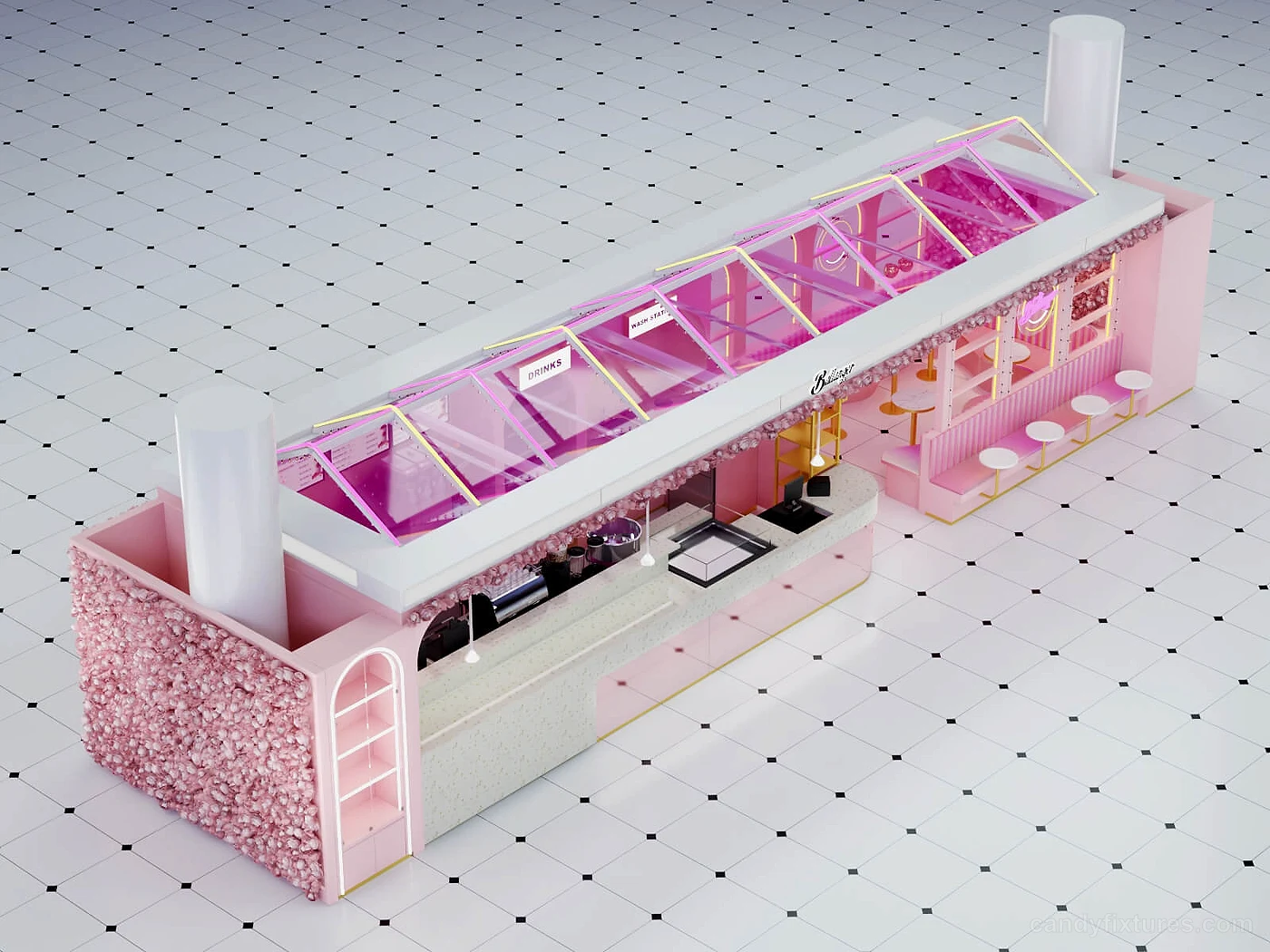 Cute Pink candy shop displays mall stall 3D design indoor design store & kiosk display for sale – What the project image shows