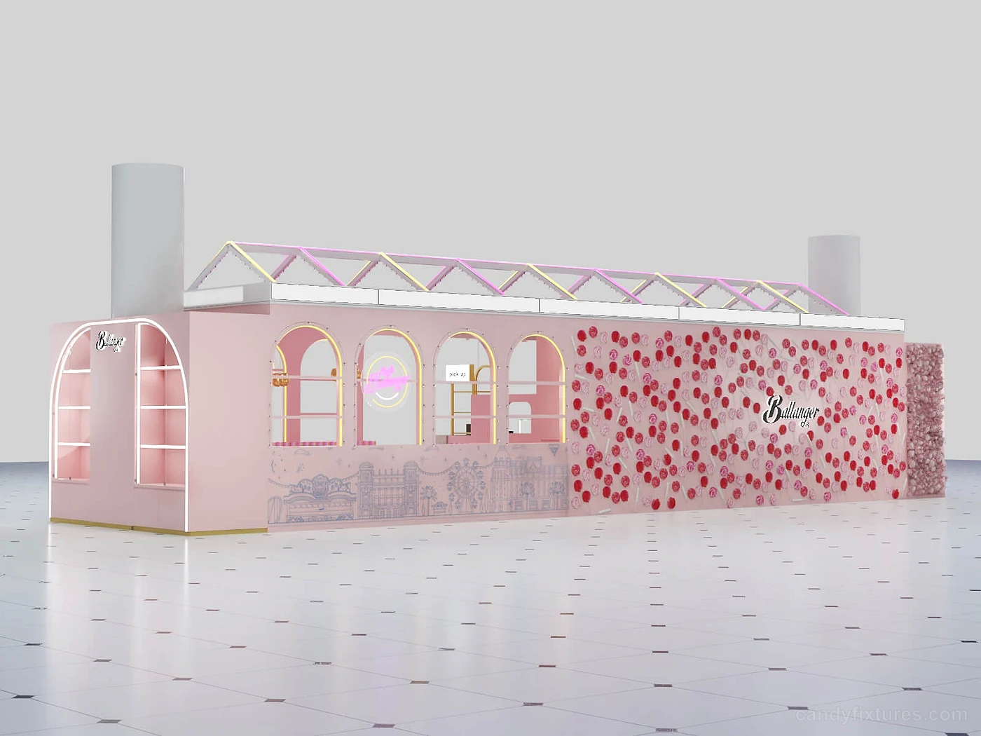 Cute Pink candy shop displays mall stall 3D design indoor design store & kiosk display for sale – Customization