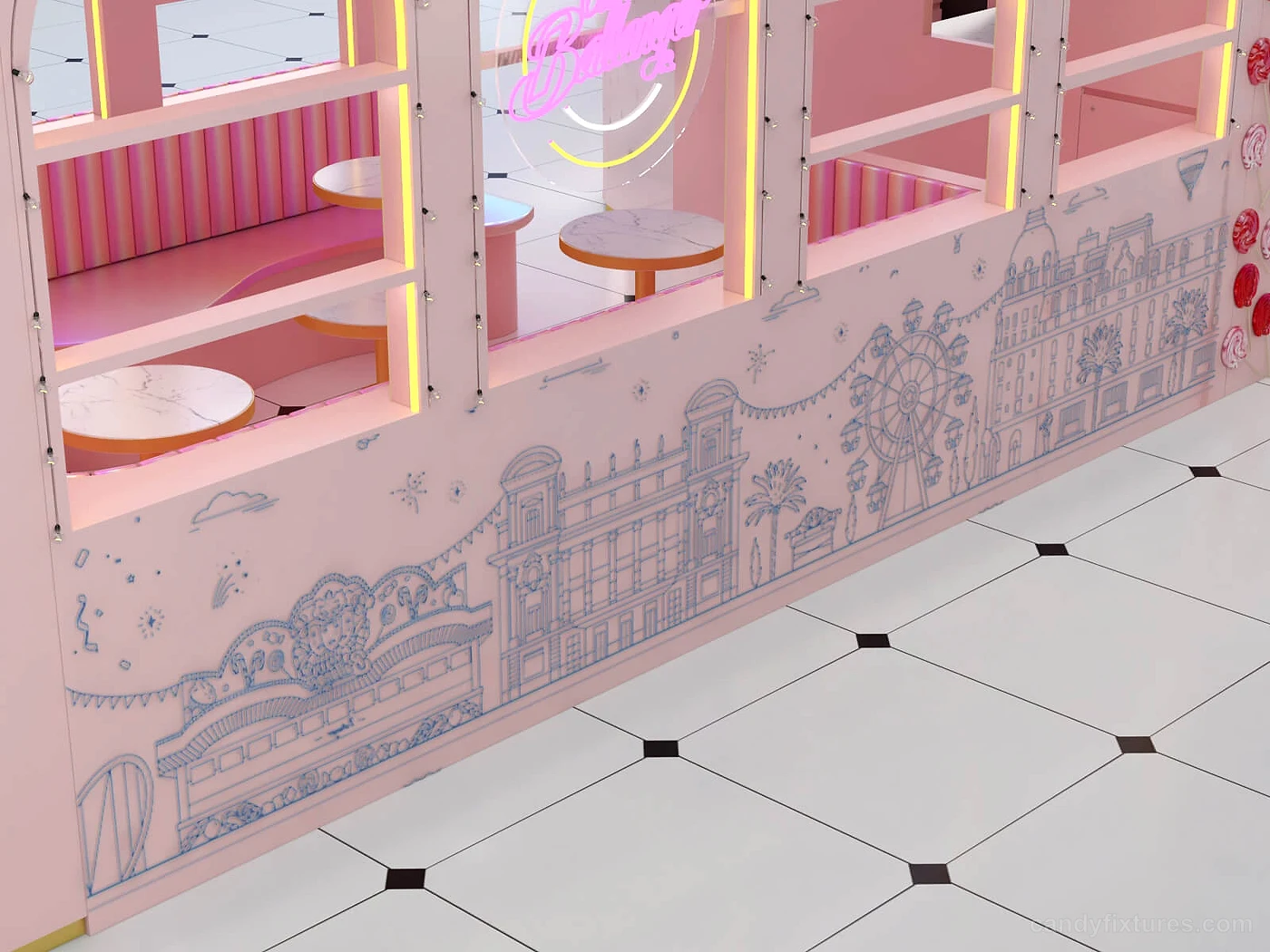 Cute Pink candy shop displays mall stall 3D design indoor design store & kiosk display for sale – What the project image shows