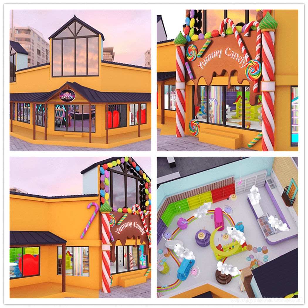 Modern style candy store design with unique display cabinet ,shelf ,stands & candy canes for sale interior design