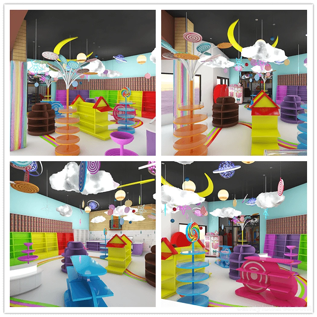 Modern style candy store design with unique display cabinet ,shelf ,stands & candy canes for sale – Store layout