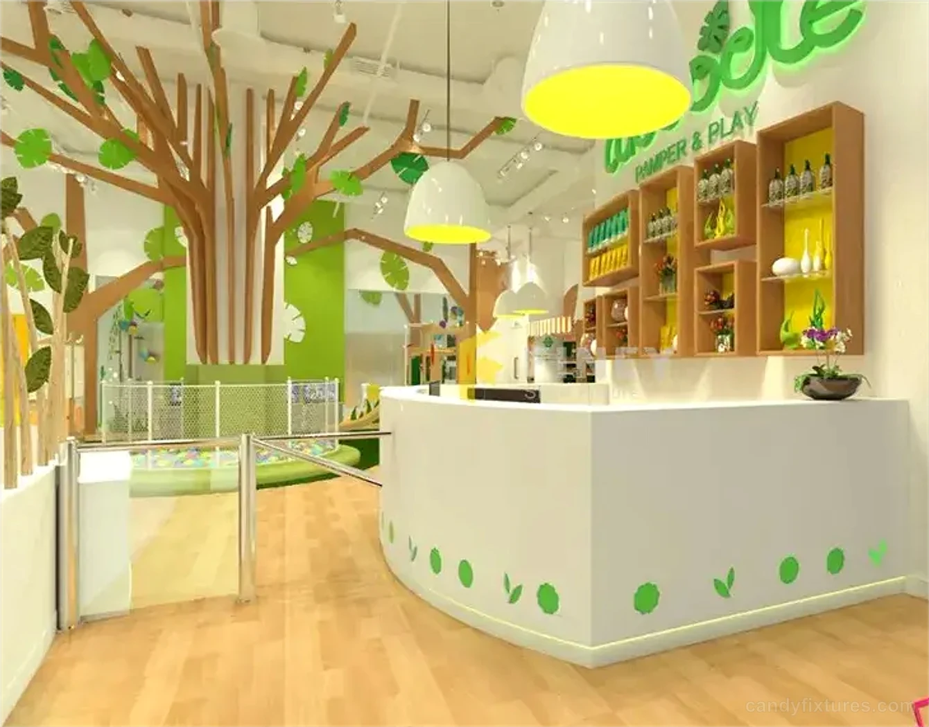 Nursery store design simple green furniture customization – What the project image shows