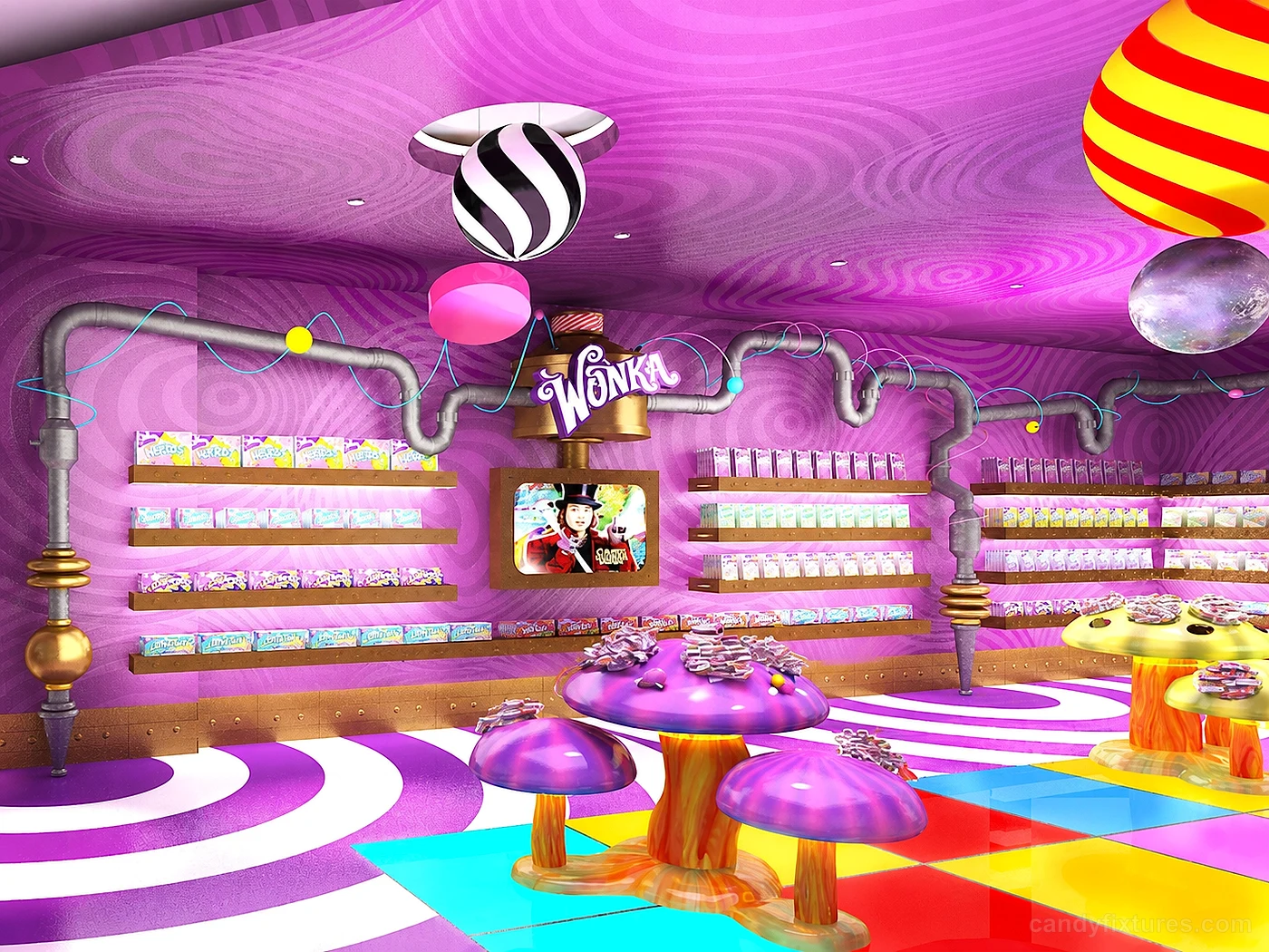 Purple Theme Candy Store Interior Industrial Lovely Style Design interior design