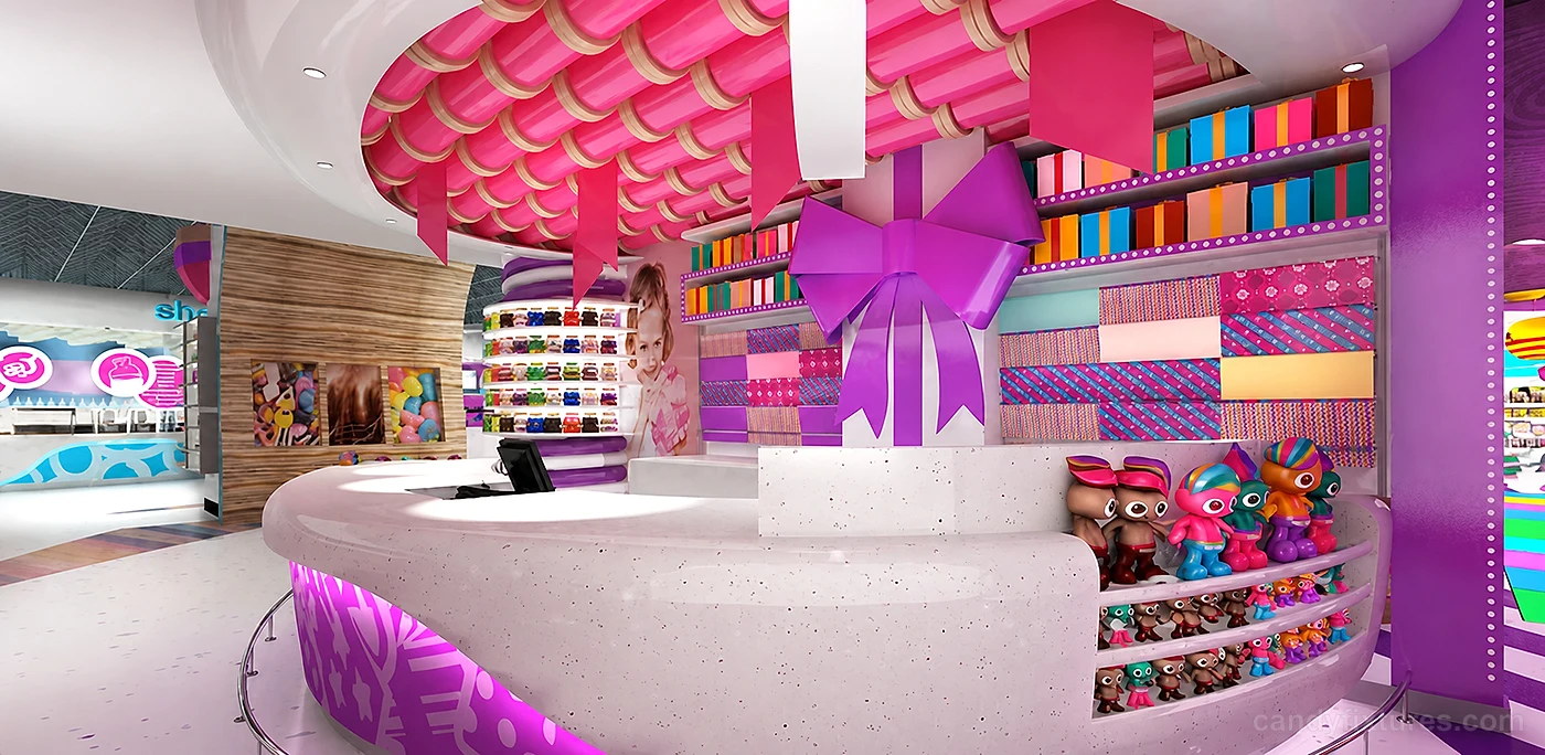 Purple Theme Candy Store Interior Industrial Lovely Style Design – Store Decorate
